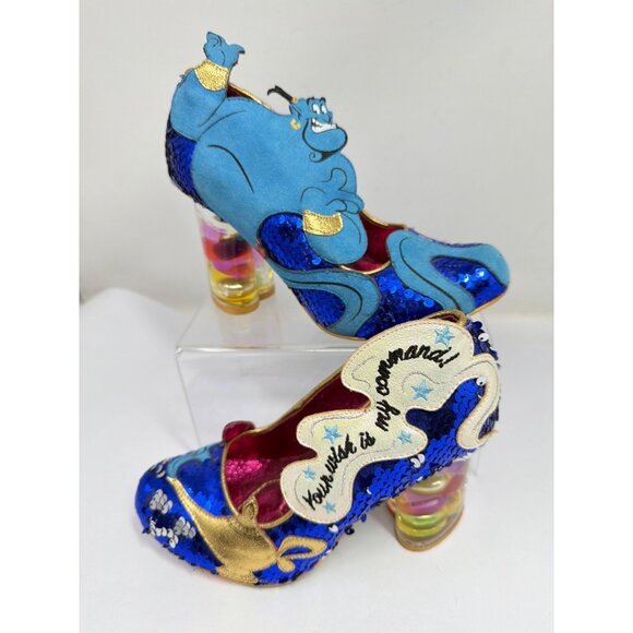 Irregular Choice Disney Aladdin Shoes US 5.5 Blue Sequin Genie Mid-Heel - Picture 1 of 8
